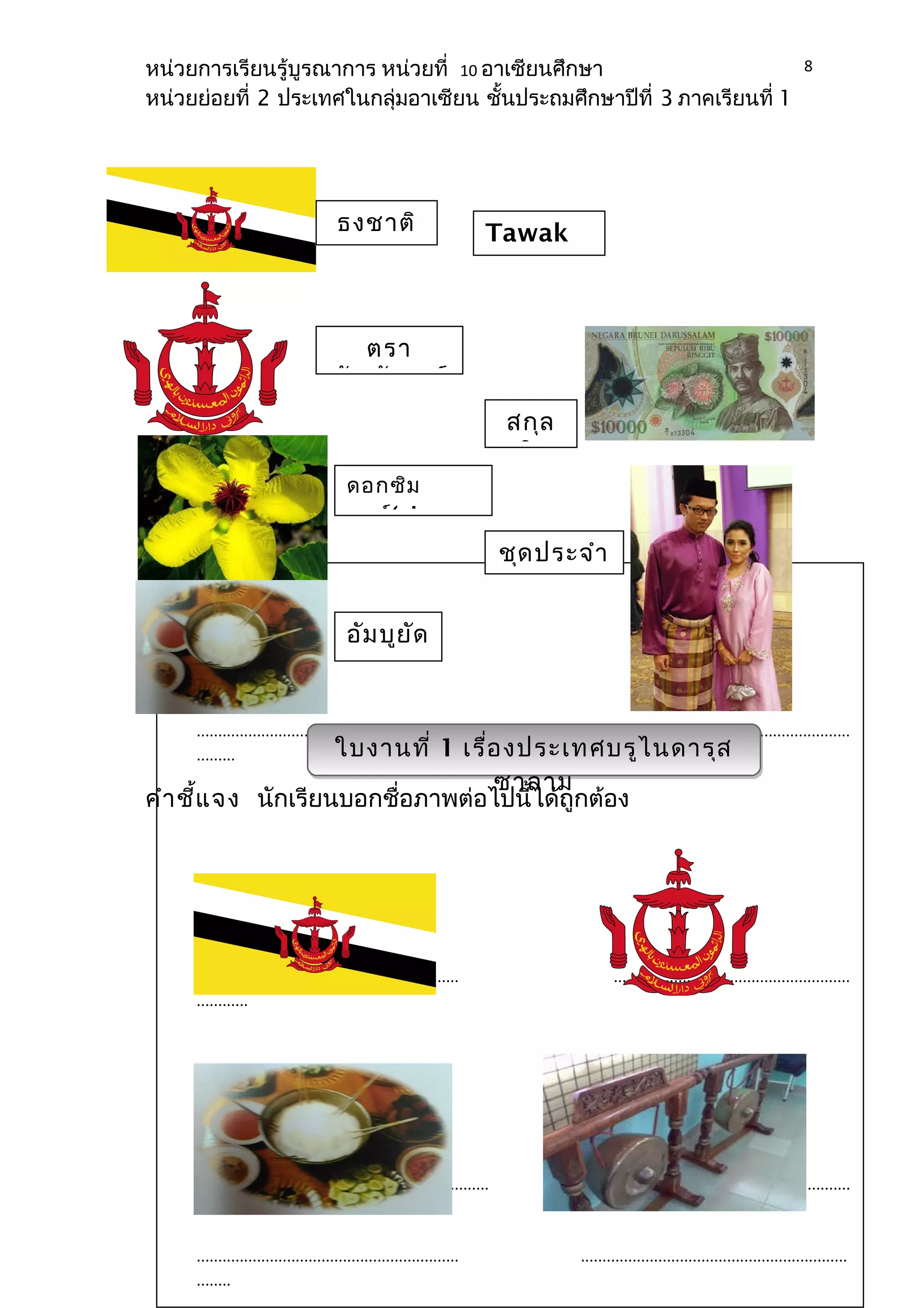 หน่วยการเรียนรู้บูรณาการ หน่วยที่ 10 อาเซียนศึกษา 
หน่วยย่อยที่ 2 ประเทศในกลุ่มอาเซียน ชั้นประถมศึกษาปีที่ 3 ภาคเรียนที่ 1 
8 
ธงชาติ 
บรูไน 
ตรา 
สัญลักษณ์ 
ดอกซิม 
พอร์(simpor 
อัมบูยัด 
Tawak 
tawak 
สกุล 
เงิน 
ชุดประจำา 
ชาติ 
............................................................. ....................................................... 
......... 
ใบงานที่ 1 เรื่องประเทศบรูไนดารุส 
ซาลาม 
คำาชี้แจง นักเรียนบอกชื่อภาพต่อไปนี้ได้ถูกต้อง 
ธงชาติ 
............................................................. ....................................................... 
............ 
.................................................................... .................................................... 
................. 
............................................................. .............................................................. 
........ 
 