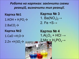 Робота на картках: закінчити схеми 
реакцій, визначити тип реакції. 
Картка №1 
1.КОН + Н3РО4→ 
2.ВаСО3→ 
Картка №2 
1.СаО +Н2О→ 
2.Zn +H2SO4→ 
Картка № 3 
1. Ba(NO3)2→ 
2. Fe +S→ 
Картка № 4 
1.Al2O3 + HCl → 
2.Mg + H3PO4→ 
 