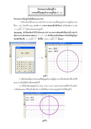 กิจกรรมการเรียนรู้ที่ 2 
วงกลมที่มีจุดศูนย์กลางอยู่ที่จุด (h , k) 
กิจกรรมการเรียนรู้ โดยใช้โปรแกรม GSP 
1. ให้นักเรียนใช้โปรแกรม GSP สร้างกราฟวงกลมที่มีจุดศูนย์กลางอยู่ที่จุด (0,0) 
ขึ้นมา 1 รูป โดยเลือกเมนู กราฟ วาดกราฟของฟังก์ชันใหม่ แล้วพิมพ์สมการ เช่น 
y = ± 16 − x2 จะได้กราฟวงกลม ดังรูปที่ 1 
(หมายเหตุ : นักเรียนต้องจำไว้ว่าโปรแกรม GSP จะวาดกราฟของฟังก์ชันเท่านั้น เช่น ถ้า 
ต้องการกราฟวงกลมจากสมการ x2 + y 2 = 16 นักเรียนจะต้องจัดสมการใหม่ให้อยู่ในรูป 
ของฟังก์ชัน คือ y = ± 16 − x2 ซี่งก็คือ f (x) = ± 16 − x2 นั่นเอง ) 
รูปที่ 1 
2. ให้นักเรียนเลื่อนกราฟวงกลมที่มีจุดศูนย์กลางอยู่ที่จุด (0,0) ที่นักเรียนสร้างขึ้น ไปไว้ที่ 
จุด (h,k) แล้วปฏิบัติตามขั้นตอนต่อไปนี้ 
2.1 ให้คลิกเลือกจุดศูนย์กลาง (0,0) แกน X แกน Y และกราฟวงกลมที่สร้างไว้ แล้วทำ 
การคัดลอกและวางไว้ในหน้าเดียวกัน จากนั้นให้ซ่อนกราฟวงกลมรูปเดิม ก็จะได้ดังรูปที่ 2 
รูปที่ 2 
 