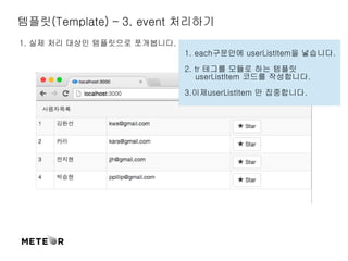 템플릿(Template) – 3. event 처리하기 
1. 실제 처리 대상인 템플릿으로 쪼개봅니다. 
1. each구문안에 userListItem을 넣습니다. 
2. tr 테그를 모듈로 하는 템플릿 
userListItem 코드를 작성합니다. 
3.이제userListItem 만 집중합니다. 
 