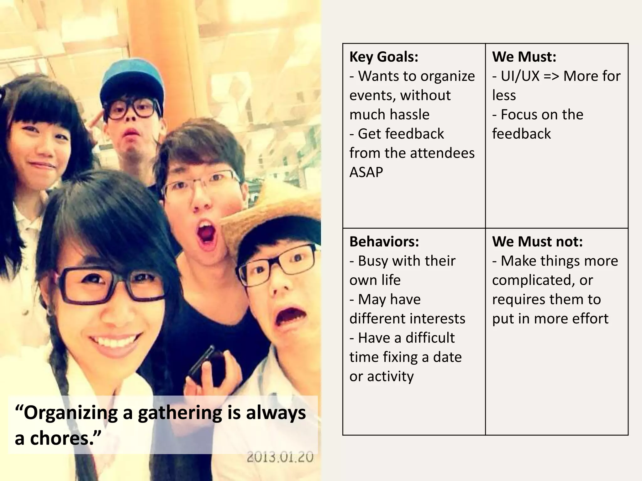 Key Goals: 
- Wants to organize 
events, without 
much hassle 
- Get feedback 
from the attendees 
ASAP 
We Must: 
- UI/UX => More for 
less 
- Focus on the 
feedback 
Behaviors: 
- Busy with their 
own life 
- May have 
different interests 
- Have a difficult 
time fixing a date 
or activity 
We Must not: 
- Make things more 
complicated, or 
requires them to 
put in more effort 
“Organizing a gathering is always 
a chores.” 
 