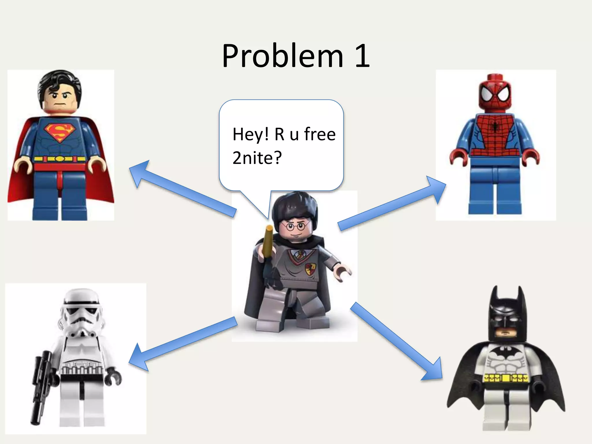 Problem 1 
Hey! R u free 
2nite? 
 