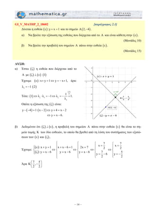 GI_V_MATHP_2_18602 [παράγραφος 2.1] 
Δίνεται η ευθεία (ε) :y + x =1 και το σημείο A(2,−4) . 
α) Να βρείτε την εξίσωση της ευθείας που διέρχεται από το A και είναι κάθετη στην (ε) . 
⎧ ⎧ ⎧ ⎧ ⎧ + = ⎪ + − = ⎪ = ⎪ = ⎪ = ⎪ ⇔⎪ ⇔⎪ ⇔⎪ ⇔⎪ ⎨ = − ⎨ = − ⎨ = − ⎨ ⎨ ⎩⎪ ⎪ ⎪ ⎪ = − ⎪ = − 
x 7 x 7 ε :x y 1 x x 6 1 2x 7 2 2 
ζ :y x 6 y x 6 y x 6 y 7 6 y 5 
⎩⎪ ⎪⎩ ⎪⎩ ⎩⎪ 
– 14 – 
(Μονάδες 10) 
β) Να βρείτε την προβολή του σημείου Α πάνω στην ευθεία (ε) . 
(Μονάδες 15) 
ΛΥΣΗ: 
α) Έστω (ζ) η ευθεία που διέρχεται από το 
Α με (ζ) ⊥ (ε) (1) 
Έχουμε (ε) : x+ y =1⇔ y = − x+1, άρα: 
( ) ε λ = −1 2 
1 λ λ 1 λ 1 1. 
Τότε: ( ) 
(P2) 
⇔ ⋅ = − ⇔ = − = 
ζ ε ζ 
ε 
λ 
Οπότε η εξίσωση της (ζ) είναι: 
y − ( − 4) = 1 ⋅ (x − 2) ⇔ y + 4 = x − 
2 
y x 6. 
⇔ = − 
β) Δεδομένου ότι (ζ) ⊥ (ε) , η προβολή του σημείου Α πάνω στην ευθεία (ε) θα είναι το ση- 
μείο τομής Κ των δύο ευθειών, το οποίο θα βρεθεί από τη λύση του συστήματος των εξισώ- 
σεων των (ε) και (ζ) , 
Έχουμε: 
( ) 
( ) 
2 2 
Άρα Κ 7 , 5 
⎛ − ⎞ ⎜ ⎝ 2 2 
⎟ 
⎠ 
 