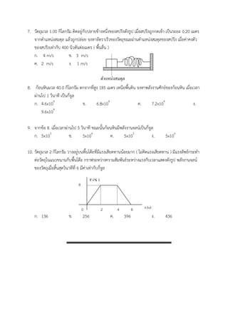 7. วัตถุมวล 1.00 กิโลกรัม ติดอยู่กับปลายข้างหนึ่งของสปริงดังรูป เมื่อสปริงถูกกดเข้า เป็นระยะ 0.20 เมตร จากตาแหน่งสมดุล แล้วถูกปล่อย จงหาอัตราเร็วของวัตถุขณะผ่านตาแหน่งสมดุลของสปริง เมื่อค่าคงตัว ของสปริงเท่ากับ 400 นิวตันต่อเมตร ( พื้นลื่น ) 
ก. 4 m/s ข. 3 m/s 
ค. 2 m/s ง. 1 m/s 
8. ก้อนหินมวล 40.0 กิโลกรัม ตกจากที่สูง 185 เมตร เหนือพื้นดิน จงหาพลังงานศักย์ของก้อนหิน เมื่อเวลา ผ่านไป 1 วินาที เป็นกี่จูล 
ก. 4.6x104 ข. 6.8x104 ค. 7.2x104 ง. 9.6x104 
9. จากข้อ 8. เมื่อเวลาผ่านไป 5 วินาที ขณะนั้นก้อนหินมีพลังงานจลน์เป็นกี่จูล 
ก. 5x103 ข. 5x104 ค. 5x105 ง. 5x106 
10. วัตถุมวล 2 กิโลกรัม วางอยู่บนพื้นโต๊ะที่มีแรงเสียดทานน้อยมาก ( ไม่คิดแรงเสียดทาน ) มีแรงลัพธ์กระทา ต่อวัตถุในแนวขนานกับพื้นโต๊ะ กราฟระหว่างความสัมพันธ์ระหว่างแรงกับเวลาแสดงดังรูป พลังงานจลน์ ของวัตถุเมื่อสิ้นสุดวินาทีที่ 6 มีค่าเท่ากับกี่จูล 
ก. 136 ข. 256 ค. 396 ง. 436 
0 8 2 4 F (N ) 6 t (s) ตำแหน่งสมดุล  