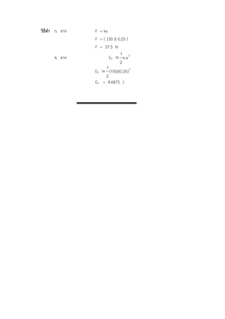 วิธีทา ก. จาก F = kx 
F = ( 150 )( 0.25 ) 
F = 37.5 N 
ข. จาก EP 
k.x2 
2 
1 
 
EP 
(150)(0.25)2 
2 
1 
 
EP = 4.6875 J 
