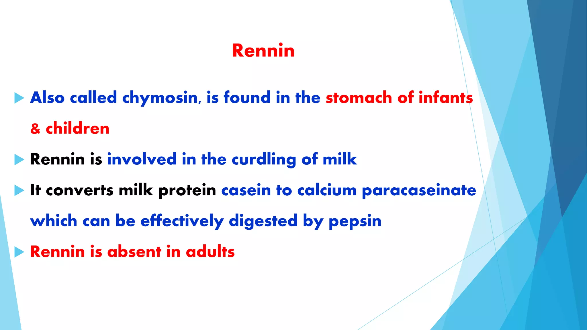 Rennin 
 Also called chymosin, is found in the stomach of infants 
& children 
 Rennin is involved in the curdling of milk 
 It converts milk protein casein to calcium paracaseinate 
which can be effectively digested by pepsin 
 Rennin is absent in adults 
 