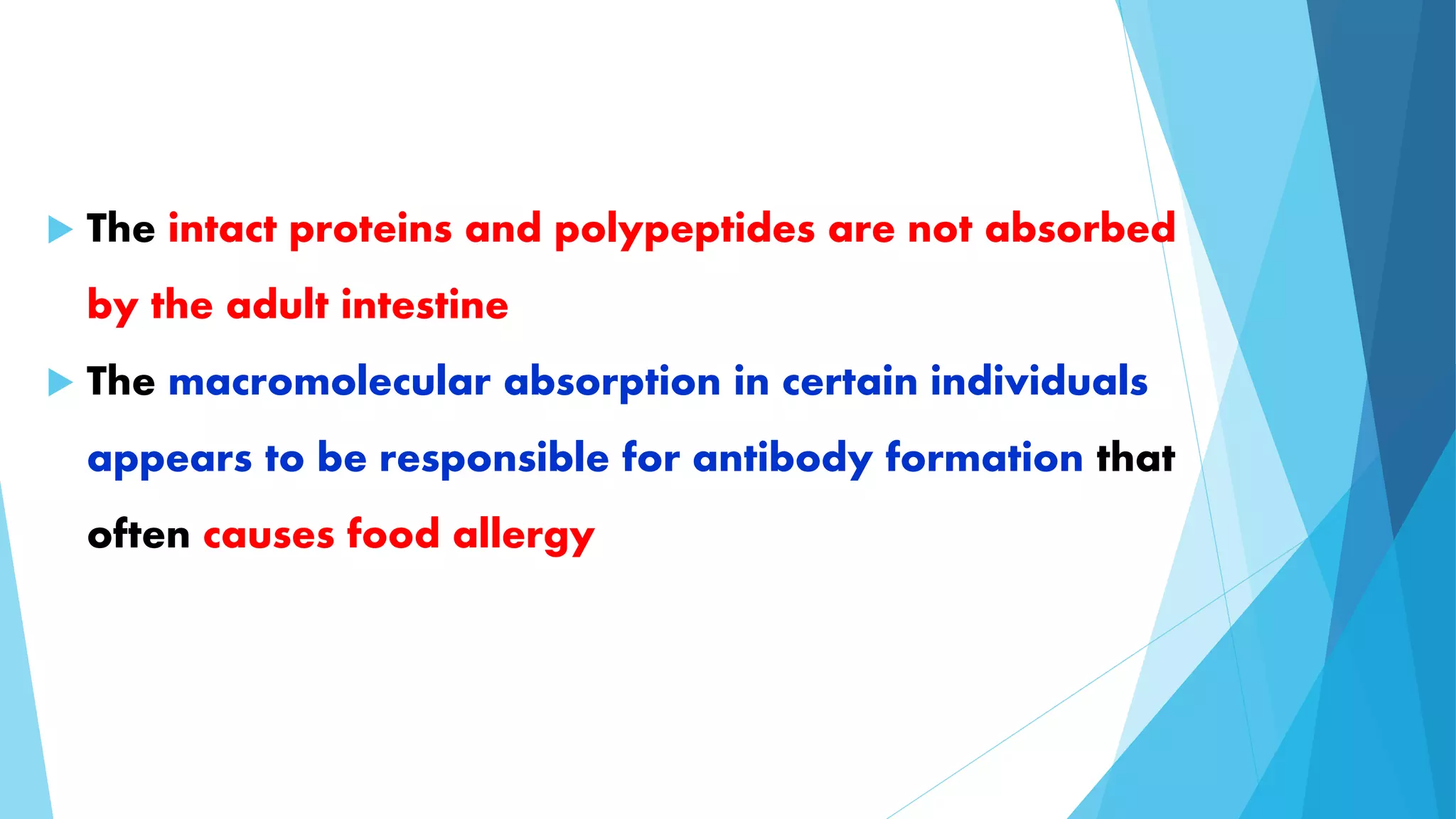  The intact proteins and polypeptides are not absorbed 
by the adult intestine 
 The macromolecular absorption in certain individuals 
appears to be responsible for antibody formation that 
often causes food allergy 
 