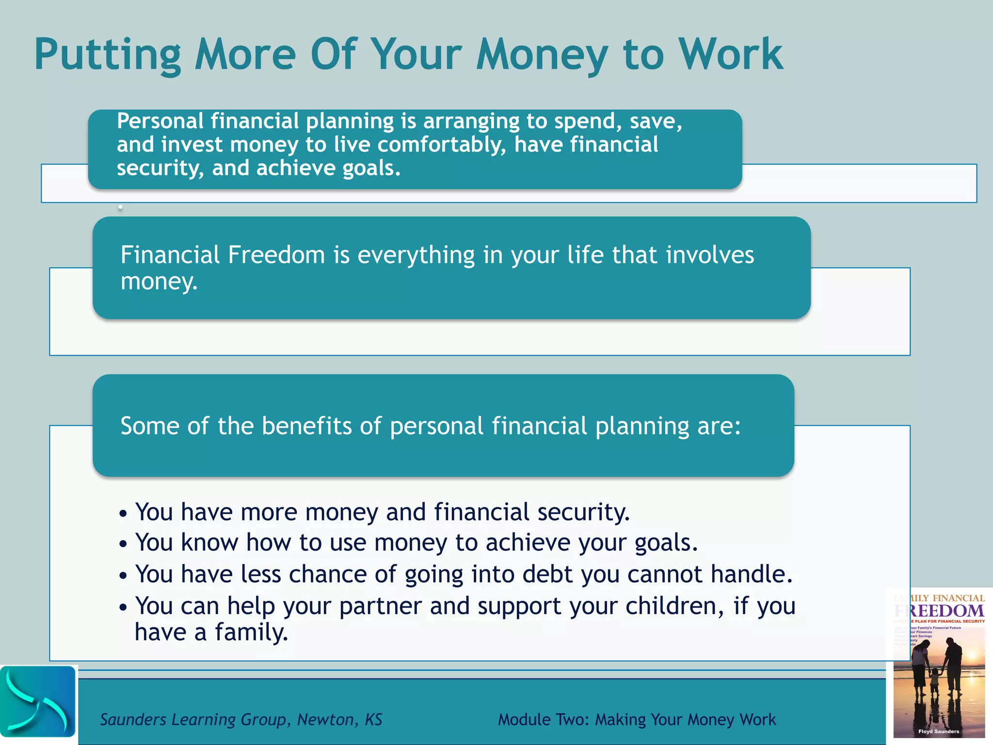 Putting More Of Your Money to Work 
Personal financial planning is arranging to spend, save, 
and invest money to live comfortably, have financial 
security, and achieve goals. 
. 
Financial Freedom is everything in your life that involves 
money. 
Some of the benefits of personal financial planning are: 
• You have more money and financial security. 
• You know how to use money to achieve your goals. 
• You have less chance of going into debt you cannot handle. 
• You can help your partner and support your children, if you 
have a family. 
Saunders Learning Group, Newton, KS Module Two: Making Your Money Work 
 