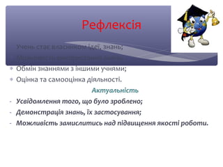 Рефлексія 
* Учень стає власником ідеї, знань; 
* Можливість використання знань; 
* Обмін знаннями з іншими учнями; 
* Оцінка та самооцінка діяльності. 
Актуальність 
- Усвідомлення того, що було зроблено; 
- Демонстрація знань, їх застосування; 
- Можливість замислитись над підвищення якості роботи. 
 