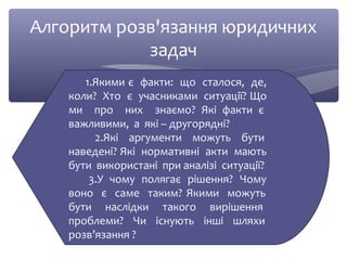 Алгоритм розв'язання юридичних 
задач 
1.Якими є факти: що сталося, де, 
коли? Хто є учасниками ситуації? Що 
ми про них знаємо? Які факти є 
важливими, а які – другорядні? 
2.Які аргументи можуть бути 
наведені? Які нормативні акти мають 
бути використані при аналізі ситуації? 
3.У чому полягає рішення? Чому 
воно є саме таким? Якими можуть 
бути наслідки такого вирішення 
проблеми? Чи існують інші шляхи 
розв’язання ? 
 