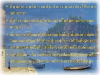 • พื้นที่ตอนบนมีควำมแห้งแล้งกำรเกษตรต้องใช้ระบบ
ชลประทำน
• พื้นที่รำบลุ่มตอนล่ำงเป็นที่รำบต่ำเป็นดินดอนมีควำมอุดม
สมบรูณ์
• เนื่องจำกกำรทับถมของดินตะกอนที่แม่น้ำำทั้งสองสำยพัดเอำ
โคลนตมมำทับถมไว้บริเวณปำกแม่น้ำ ทำให้เกิดพื้นดินงอก
ตรงปำกแม่น้ำทุกปีบริเวณนี้เรียกว่ำ บำบิโลนเนีย (Babylonia)
• “บำบิโลเนีย” เป็น เขตติดต่อ กับอ่ำวเปอร์เซียเป็นดินแดนที่มี
ควำมอุดมสมบรูณ์เป็นแหล่งกำเนิดอำรยธรรมเมโสโปเตเมีย
 