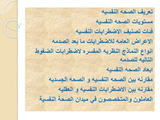 ‫النفسيه‬ ‫الصحه‬ ‫تعريف‬
‫النفسيه‬ ‫الصحه‬ ‫مستويات‬
‫النفسيه‬ ‫االضطرابات‬ ‫تصنيف‬ ‫فئات‬
‫الصدمه‬ ‫بعد‬ ‫ما‬ ‫لالضطرابات‬ ‫العامه‬ ‫االعراض‬
‫الضغوط‬ ‫الضطرابات‬ ‫المفسره‬ ‫النظريه‬ ‫النماذج‬ ‫انواع‬
‫للصدمه‬ ‫التاليه‬
‫النفسيه‬ ‫الصحه‬ ‫ابعاد‬
‫الجسديه‬ ‫الصحه‬ ‫و‬ ‫النفسيه‬ ‫الصحه‬ ‫بين‬ ‫مقارنه‬
‫العقليه‬ ‫و‬ ‫النفسيه‬ ‫االضطرابات‬ ‫بين‬ ‫مقارنه‬
‫النفسي‬ ‫الصحة‬ ‫ميدان‬ ‫في‬ ‫والمتخصصون‬ ‫العاملون‬‫ة‬
 