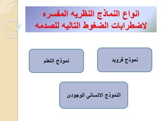 ‫المفسره‬ ‫النظريه‬ ‫النماذج‬ ‫انواع‬
‫للصدمه‬ ‫التاليه‬ ‫الضغوط‬ ‫الضطرابات‬
‫فرويد‬ ‫نموذج‬‫التعلم‬ ‫نموذج‬
‫الوجودى‬ ‫االنسانى‬ ‫النموذج‬
 