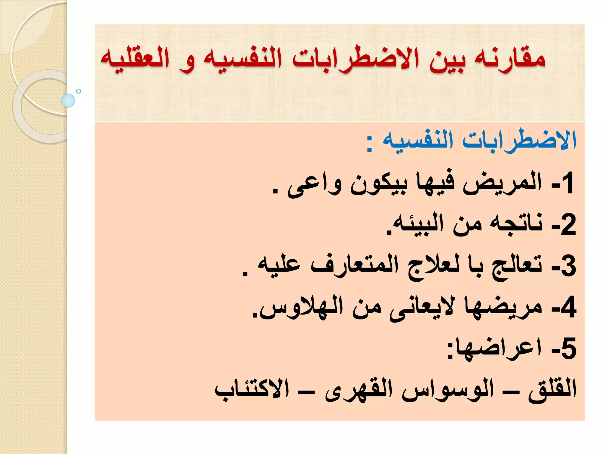 مقارنه بين الاضطرابات النفسيه و العقليه 
الاضطرابات النفسيه : 
-1 المريض فيها بيكون واعى . 
-2 ناتجه من البيئه. 
-3 تعالج با لعلاج المتعارف عليه . 
-4 مريضها لايعانى من الهلاوس. 
-5 اعراضها: 
القلق – الوسواس القهرى – الاكتئاب 
 