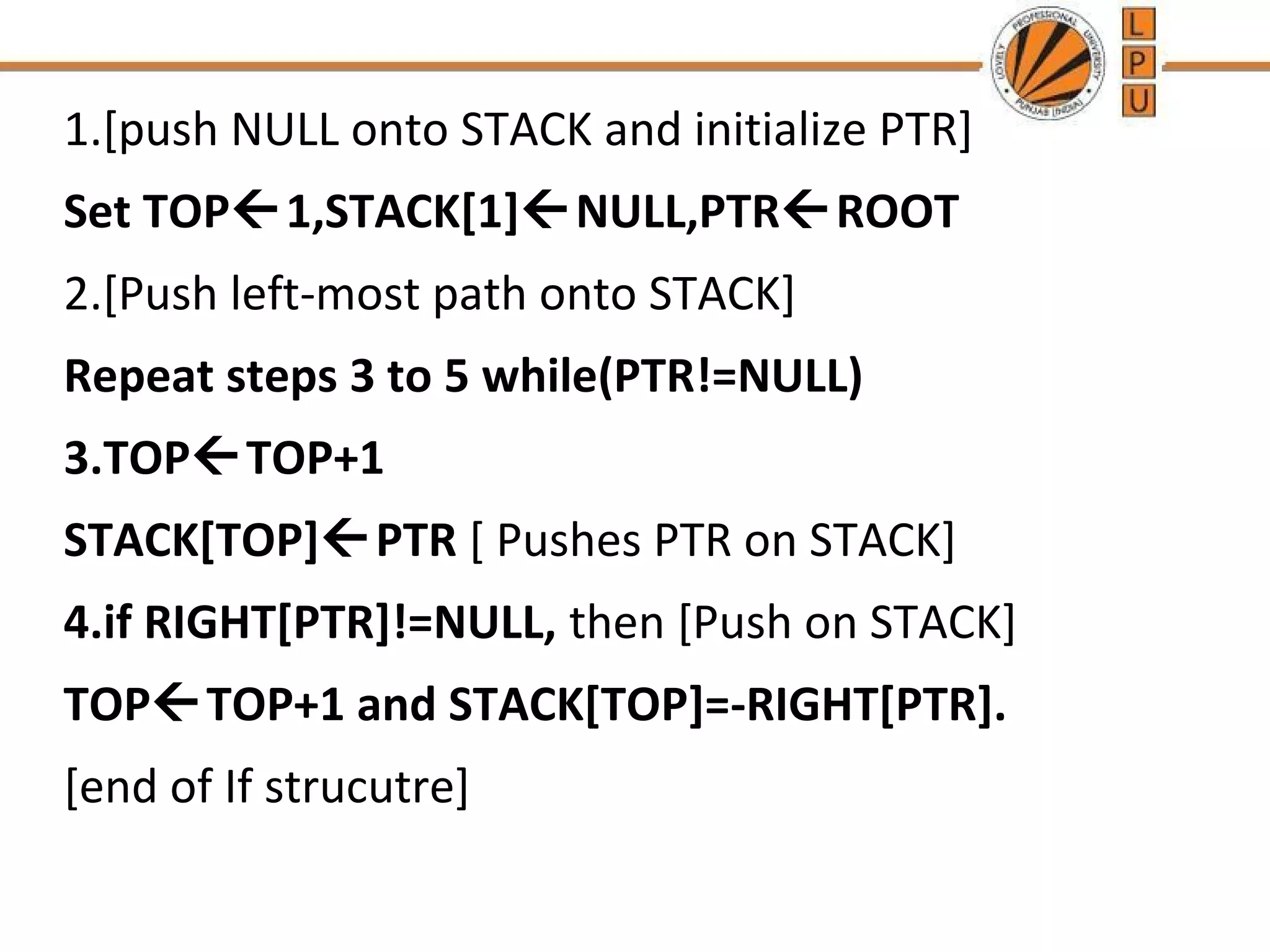 1.[push NULL onto STACK and initialize PTR] Set TOP1,STACK[1]NULL,PTRROOT 2.[Push left-most path onto STACK] Repeat steps 3 to 5 while(PTR!=NULL) 3.TOPTOP+1 STACK[TOP]PTR [ Pushes PTR on STACK] 4.if RIGHT[PTR]!=NULL, then [Push on STACK] TOPTOP+1 and STACK[TOP]=-RIGHT[PTR]. [end of If strucutre] 