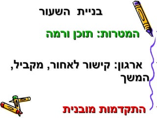 בבננייייתת ההששעעוורר 
ההממטטררוותת:: תתווככןן ווררממהה  
אאררגגווןן:: קקייששוורר ללאאחחוורר,, ממקקבביילל,,  
ההממששךך 
ההתתקקדדממוותת ממוובבננייתת  
 