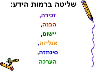 שליטה ברמות הידע: 
זכירה, 
הבנה, 
יישום, 
אנליזה, 
סינתזה, 
הערכה 
 