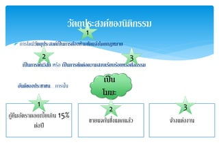 1 
การใดมีวัตถุประสงค์เป็นการต้องห้ามชดัแจง้โดยกฎหมาย 
2 3 
เป็นการพน้วิสยั หรือ เป็นการขดัต่อความสงบเรียบรอ้ยหรือศีลธรรม 
อนัดีของประชาชน การนนั้ 
วัตถุประสงค์ของนิติกรรม 
เป็น 
โมฆะ 
กู้ยืมอัตราดอกเบี้ยเกิน 15% 
ต่อปี 
ขายแจกันซึ่งแตกแล้ว จา้งแต่งงาน 
1 
2 3 
 