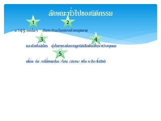 ลักษณะทั่ว 
ไปของนิติกรรม 
1 2 
ม.149 การใดๆ อนักระทา ลงโดยชอบดว้ยกฎหมาย 
3 4 
และดว้ยใจสมัคร มุ่งโดยตรงต่อการผูกนิติสมัพนัธ์ขึ้นระหว่างบุคคล 
5 
เพื่อ 
จะ ก่อ /เปลี่ย 
นแปลง /โอน /สงวน/ หรือ ระงับ/ซึ่ง 
สิทธิ 
 