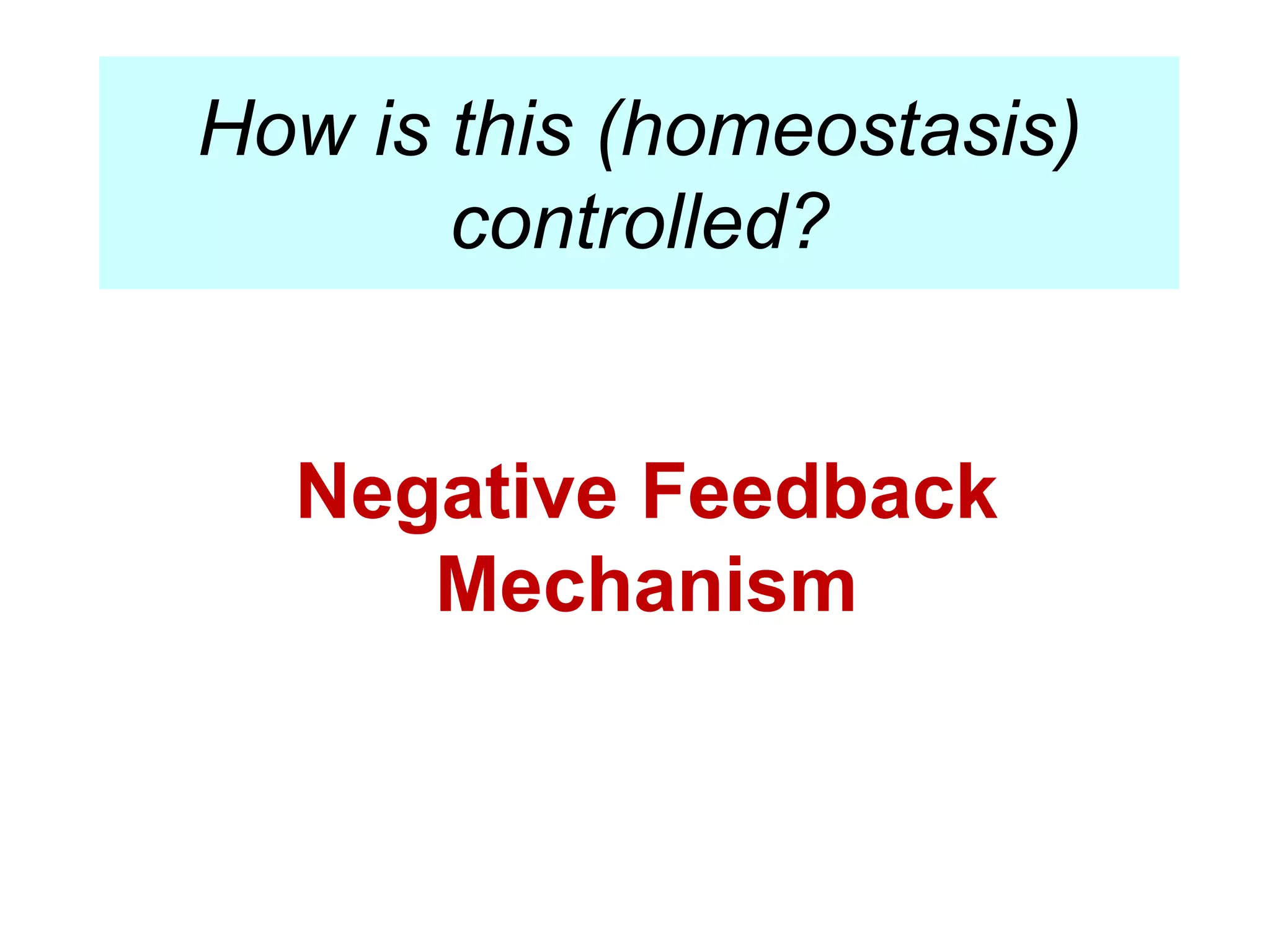 How is this (homeostasis) 
controlled? 
Negative Feedback 
Mechanism 
 