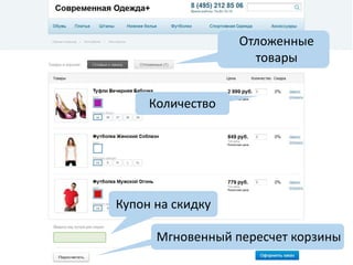 Отложенные 
товары 
Количество 
Купон на скидку 
Мгновенный пересчет корзины 
 
