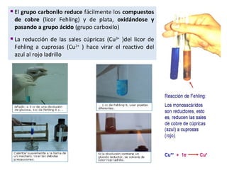  El grupo carbonilo reduce fácilmente los compuestos 
de cobre (licor Fehling) y de plata, oxidándose y 
pasando a grupo ácido (grupo carboxilo) 
 La reducción de las sales cúpricas (Cu3+ )del licor de 
Fehling a cuprosas (Cu2+ ) hace virar el reactivo del 
azul al rojo ladrillo 
 