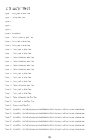 LIST OF IMAGE REFERENCES 
Figure 1 : photograph by Adila Zaas 
Figure 2 : Cad by Adila Zaas 
Figure 3 : 
Figure 4 : 
Figure 5 : 
Figure 6 : extract from 
Figure 7 : Cad and Edited by Adila Zaas 
Figure 8 : Photograph by Adila Zaas 
Figure 9 : Photograph by Adila Zaas 
Figure 10 : Photograph by Adila Zaas 
Figure 11 : Photograph by Adila Zaas 
Figure 12 : Cad and Edited by Adila Zaas 
Figure 13 : Cad and Edited by Adila Zaas 
Figure 14 : Cad and Edited by Adila Zaas 
Figure 15 : Cad and Edited by Adila Zaas 
Figure 16 : Photograph by Adila Zaas 
Figure 17 : Photograph by Adila Zaas 
Figure 18 : Photograph by Adila Zaas 
Figure 19 : Cad and Edited by Adila Zaas 
Figure 20 : Photograph by Adila Zaas 
Figure 21 : Photograph by Adila Zaas 
Figure 22 : Cad and Edited by Kee Ting Ting 
Figure 23 : Photograph by Kee Ting Ting 
Figure 24 : Drawn by Kee Ting Ting 
Figure 25 : extract from http://climatizzazione.mitsubishielectric.it/en/informazioni-utili/componenti-principali.php 
Figure 26 : extract from http://climatizzazione.mitsubishielectric.it/en/informazioni-utili/componenti-principali.php 
Figure 27 : extract from http://climatizzazione.mitsubishielectric.it/en/informazioni-utili/componenti-principali.php 
Figure 28 : extract from http://climatizzazione.mitsubishielectric.it/en/informazioni-utili/componenti-principali.php 
Figure 29 : extract from http://climatizzazione.mitsubishielectric.it/en/informazioni-utili/componenti-principali.php 
Figure 30 : extract from http://climatizzazione.mitsubishielectric.it/en/informazioni-utili/componenti-principali.php 
105  