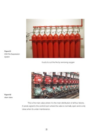 It acts to cut the fire by removing oxygen 
This is the main valve where it is the main distribution of all four blocks. It sends signal to the control room where the valve is normally open and is only close when its under maintenance. 
Figure 81 
CO2 Fire Suppression System 
Figure 82 
Alarm Valve 
72  