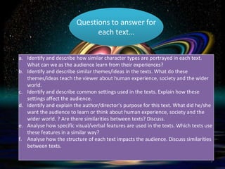 a. Identify and describe how similar character types are portrayed in each text. 
What can we as the audience learn from their experiences? 
b. Identify and describe similar themes/ideas in the texts. What do these 
themes/ideas teach the viewer about human experience, society and the wider 
world. 
c. Identify and describe common settings used in the texts. Explain how these 
settings affect the audience. 
d. Identify and explain the author/director’s purpose for this text. What did he/she 
want the audience to learn or think about human experience, society and the 
wider world. ? Are there similarities between texts? Discuss. 
e. Analyse how specific visual/verbal features are used in the texts. Which texts use 
these features in a similar way? 
f. Analyse how the structure of each text impacts the audience. Discuss similarities 
between texts. 
Questions to answer for 
each text… 
7 
 