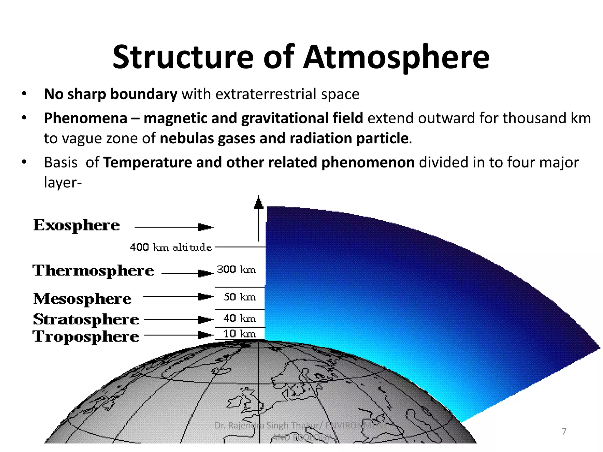 Structure of Atmosphere 
• No sharp boundary with extraterrestrial space 
• Phenomena – magnetic and gravitational field extend outward for thousand km 
to vague zone of nebulas gases and radiation particle. 
• Basis of Temperature and other related phenomenon divided in to four major 
layer- 
7 
Dr. Rajendra Singh Thakur/ ENVIRONMENT 
AND ECOLOGY 
 