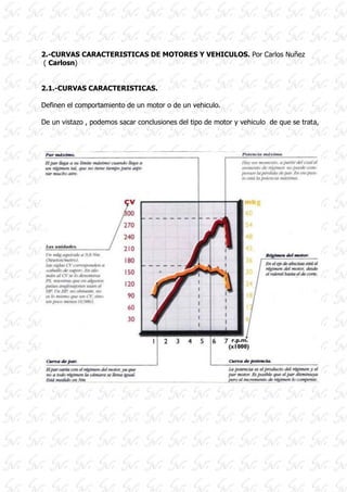 2.-CURVAS CARACTERISTICAS DE MOTORES Y VEHICULOS. Por Carlos Nuñez
( Carlosn)
2.1.-CURVAS CARACTERISTICAS.
Definen el comportamiento de un motor o de un vehiculo.
De un vistazo , podemos sacar conclusiones del tipo de motor y vehiculo de que se trata,
 