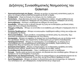 Δεξιότητες Συναισθηματικής Νοημοσύνης του 
Goleman 
• Ανεκτικότητα/αντοχή στο Άγχος - Μπορώ να αντέχω τις αγχωτικές καταστάσεις χωρίς να 
χάνω τον έλεγχο αντιμετωπίζοντας δυναμικά και θετικά το άγχος. 
• Ανεξαρτησία - Είμαι αυτόνομος στις σκέψεις και στις πράξεις μου. 
• Κατανόηση - Είμαι δεικτικός στο τι και πως αισθάνονται οι άλλοι και γιατί αισθάνονται και 
σκέπτονται έτσι οι άνθρωποι. Νοιάζομαι για τους άλλους και δείχνω ενδιαφέρον για αυτούς. 
• Αυτό-σεβασμός – Κατανοώ, αποδέχομαι και σέβομαι τον εαυτό μου. 
• Αισιοδοξία – Μπορώ να δω τη θετική πλευρά της ζωής και να διατηρήσω μια θετική στάση 
ακόμα και όταν οι στιγμές είναι δύσκολες. 
• Έλεγχος επιθυμίας - Μπορώ να αντισταθώ ή να αναβάλλω μια επιθυμία ή παρόρμηση όταν το 
επιλέξω. 
• Επίλυση Προβλημάτων – Μπορώ να αναγνωρίσω προβλήματα καθώς επίσης και να βρω και 
να εφαρμόσω τις λύσεις. 
• Κοινωνική Ευθύνη - Είμαι υπεύθυνο, συνεργάσιμο και δοτικό μέλος της κοινωνίας. Έχω 
κοινωνική συναίσθηση και ενδιαφέρομαι για τους άλλους. 
• Δυναμισμός – Μπορώ να εκφράσω τις σκέψεις και τα συναισθήματα μου και να ζητήσω αυτό 
που χρειάζομαι. Μπορώ να υπερασπιστώ τα δικαιώματα μου με τρόπο εποικοδομητικό. 
• Προσαρμοστικότητα - Μπορώ να προσαρμόσω τα συναισθήματα, τις σκέψεις και τη 
συμπεριφορά μου στις μεταβαλλόμενες καταστάσεις και συνθήκες. Είμαι ανοικτός στις 
διαφορετικές ιδέες και τρόπους στο να κάνω πράγματα. 
• Διαπροσωπική Σχέση – Μπορώ να δημιουργήσω και να διατηρήσω αμοιβαίες και καλές 
διαπροσωπικές σχέσεις. Νιώθω άνετα στο να δώσω κα να λάβω αγάπη. 
• Συναισθηματική Αυτοεπίγνωση – Ξέρω τι αισθάνομαι και γιατί το αισθάνομαι. 
• Ευτυχία - Νιώθω καλά και άνετα στο σχολείο, στη δουλειά και στον ελεύθερο χρόνο. Μπορώ να 
χαλαρώνω και να απολαμβάνω τη ζωή μου. 
• Αξιολόγηση της Πραγματικότητας– Μπορώ να εναρμονίζομαι με μια κατάσταση άμεσα και να 
βλέπω τα πράγματα αντικειμενικά, όπως είναι, και όχι όπως θέλω ή φοβάμαι ότι είναι. 
• Αυτό-Πραγμάτωση – Μπορώ να φτάσω τις δυνατότητες μου και να συμμετέχω σε πράγματα 
που καταλήγουν σε μια ενδιαφέρουσα, συναρπαστική και με νόημα ζωή. 
 