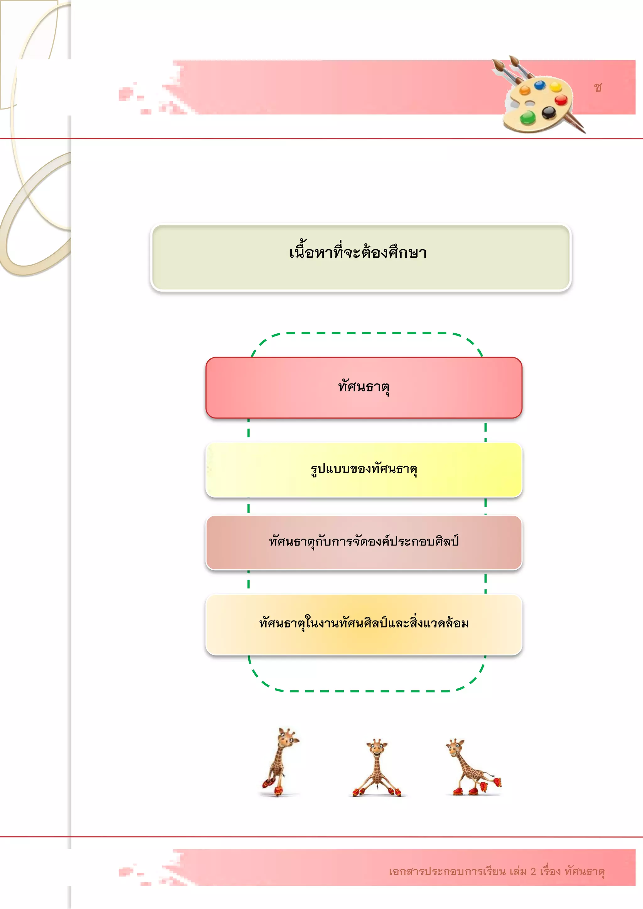 เนื้อหาที่จะต้องศึกษา 
ทัศนธาตุกับการจัดองค์ประกอบศิลป์ 
ทัศนธาตุในงานทัศนศิลป์และสิ่งแวดล้อม 
ทัศนธาตุ รูปแบบของทัศนธาตุ 
เอกสารประกอบการเรียน เล่ม 2 เรื่อง ทัศนธาตุ 
ช  