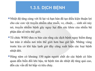 1.3.5. DỊCH BỆNH
 Nhiệt độ tăng cùng với lũ lụt và hạn hán đã tạo điều kiện thuận lợi
cho các con vật truyền nhiễm như muỗi, ve, chuột,… sinh sôi nảy
nở, truyền nhiễm bệnh gây nguy hại đến sức khỏe của nhiều bộ
phận dân số trên thế giới.
 Tổ chức WHO đưa ra báo cáo rằng các dịch bệnh nguy hiểm đang
lan tràn ở nhiều nơi trên thế giới hơn bao giờ hết. Những vùng
trước kia có khí hậu lạnh giờ đây cũng xuất hiện các loại bệnh
nhiệt đới.
 Hàng năm có khoảng 150 ngàn người chết do các bệnh có liên
quan đến biến đổi khí hậu, từ bệnh tim do nhiệt độ tăng quá cao,
đến các vấn đề hô hấp và tiêu chảy.
 