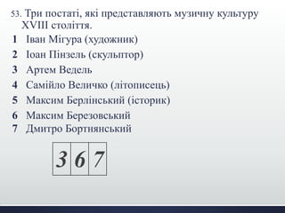 53. Три постаті, які представляють музичну культуру
XVIII століття.
1 Іван Мігура (художник)
2 Іоан Пінзель (скульптор)
3 Артем Ведель
4 Самійло Величко (літописець)
5 Максим Берлінський (історик)
6 Максим Березовський
7 Дмитро Бортнянський
3 6 7
 