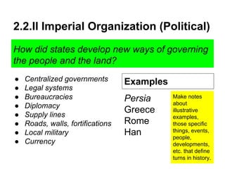 2.2.II Imperial Organization (Political)
How did states develop new ways of governing
the people and the land?
● Centralized governments
● Legal systems
● Bureaucracies
● Diplomacy
● Supply lines
● Roads, walls, fortifications
● Local military
● Currency
Examples
Make notes
about
illustrative
examples,
those specific
things, events,
people,
developments,
etc. that define
turns in history.
Persia
Greece
Rome
Han
 