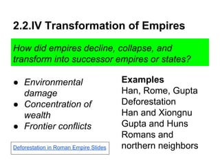 2.2.IV Transformation of Empires
How did empires decline, collapse, and
transform into successor empires or states?
● Environmental
damage
● Concentration of
wealth
● Frontier conflicts
Examples
Han, Rome, Gupta
Deforestation
Han and Xiongnu
Gupta and Huns
Romans and
northern neighborsDeforestation in Roman Empire Slides
 