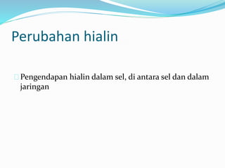 Pengendapan hialin dalam sel, di antara sel dan dalam
jaringan
Perubahan hialin
 