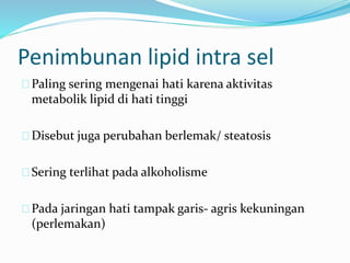 Paling sering mengenai hati karena aktivitas
metabolik lipid di hati tinggi
Disebut juga perubahan berlemak/ steatosis
Sering terlihat pada alkoholisme
Pada jaringan hati tampak garis- agris kekuningan
(perlemakan)
Penimbunan lipid intra sel
 