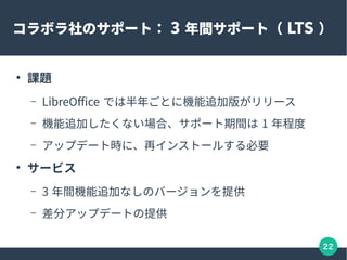 22
ܥΥݩ`ȣ 3 gݩ`ȣ LTS 

n}
C LibreOffice ǤϰꤴȤ˙C׷Ӱ椬`
C C׷Ӥʤϡݩ`g 1 ̶
C åץǩ`ȕrˡ٥󥹥ȩ`뤹Ҫ

`ӥ
C 3 gC׷ӤʤΥЩ`ṩ
C ֥åץǩ`Ȥṩ
 