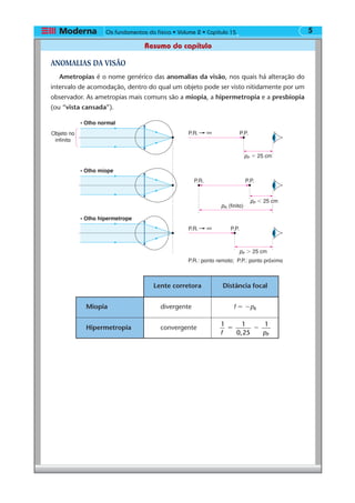 Os fundamentos da física • Volume 2 • Capítulo 5
Resumo do capítulo
15
ANOMALIAS DA VISÃO
Ametropias é o nome genérico das anomalias da visão, nos quais há alteração do
intervalo de acomodação, dentro do qual um objeto pode ser visto nitidamente por um
observador. As ametropias mais comuns são a miopia, a hipermetropia e a presbiopia
(ou “vista cansada”).
Lente corretora Distância focal
Miopia divergente f ϭ ϪpR
Hipermetropia convergente
1 1
0,25
1
Pf p
ϭ Ϫ
pP ϭ 25 cm
pP Ͻ 25 cm
P.R.
P.R.
P.R.: ponto remoto; P.P.: ponto próximo
P.P.
P.P.∞
pP Ͼ 25 cm
P.R. P.P.∞
pR (finito)
Objeto no
infinito
• Olho normal
• Olho míope
• Olho hipermetrope
 