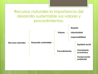 Recursos naturales la importancia del
desarrollo sustentable sus valores y
procedimientos.
Recursos naturales
Procedimientos
Valores
Desarrollo sustentable
Conservación
ambiental
Crecimiento
económico
Equidad social
Respeto
Laboriosidad
responsabilidad
 