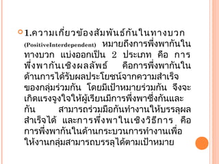 1.ความเกี่ยวข้องสัมพันธ์กันในทางบวก
(PositiveInterdependent) หมายถึงการพึ่งพากันใน
ทางบวก แบ่งออกเป็น 2 ประเภท คือ การ
พึ่งพากันเชิงผลลัพธ์ คือการพึ่งพากันใน
ด้านการได้รับผลประโยชน์จากความสำาเร็จ
ของกลุ่มร่วมกัน โดยมีเป้าหมายร่วมกัน จึงจะ
เกิดแรงจูงใจให้ผู้เรียนมีการพึ่งพาซึ่งกันและ
กัน สามารถร่วมมือกันทำางานให้บรรลุผล
สำาเร็จได้ และการพึ่งพาในเชิงวิธีการ คือ
การพึ่งพากันในด้านกระบวนการทำางานเพื่อ
ให้งานกลุ่มสามารถบรรลุได้ตามเป้าหมาย
 