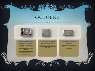 OCTUBRE
Festejo del día de
muertos “ofrenda”
Creación y armado de la
ofrenda institucional
dedicada a Gabriel García
Márquez
Explicación significativa
sobre el significado e la
ofrenda a los niños.
Lectura de acuerdos
Identificar las acciones
semejantes y diferentes en
los lineamientos del acuerdo
716- 717
Consejo Técnico
escolar
Reconocer el proceso de
lecto-escritura de los
educandos
 