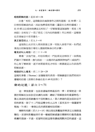 七、若望著作:福音書和書信 221
相信耶穌的話:若四 43~54
注意「相信」這個動詞在兩個事件之間的進展:在 50 節，王
臣相信耶穌說的話，因此他將看到奇蹟(還是在自然的領域)
在 53 節王臣看到奇蹟並且相信了。仔細留意這個過程:看見(用
肉眼)並相信了一為了看見(用內在的眼睛)所以相信。這種事
在若望福音中常常發生。
真正盲目的人:若九 1~41
這個對此在於冒人看到重要之事，明眼人卻看不到。你們試
著找出耶穌慢慢引導冒人發掘耶穌身分的步，驟。
看見好叫人相信:若二十 1~ 10
看看「其他門徒」的信仰模式:門徒看見並相信了，因為他
們還不了解經書。換句話說，一且復活的基督開啟他們(或我們)
的心智了解經書，就不再需要看見才相信。經書就足以告訴我們
耶穌是誰。
相信好叫人看見:若二十 24~29
這裡的多默 (Thomas) 是懷疑者的典型。耶穌願意引我們得到什
麼樣的信德(請看伯多祿在若六仰的回答) ?
餅的記號:若六 1---71
這一章很重要，也是若望福音裡最長的一章。若望把這一章
置於耶穌在加里肋亞宣講的末端，總結了耶穌使命的重要特色。
第五章說的是耶路撒冷不信的猶太人。第六章說的是加里肋亞不
信的群眾。除了十二門徒這麼少的人以外(甚至其中一個還要背
叛他， 71 節) ，整個以色列都拒絕相信耶穌。
增餅的奇蹟(若六 1 ~ 15) 與出現在對觀福音裡其它五個敘述
類似。若望和對觀福音作者一樣視耶穌感謝並學餅的行動為最後
晚餐的預演。不過，若望特別把這個奇蹟視為默西亞的盛宴，這
 