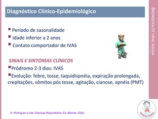 BRONQUIOLITEVIRALAGUDA
Diagnóstico Clínico-Epidemiológico
Período de sazonalidade
 Idade inferior a 2 anos
 Contato comportador de IVAS
SINAIS E SINTOMAS CLÍNICOS
Pródromo 2-3 dias: IVAS
Evolução: febre, tosse, taquidispnéia, expiração prolongada,
crepitações, vômitos pós tosse, agitação, cianose, apnéia (PMT)
In: Rodrigues e cols. Doenças Respiratórias, Ed. Manole, 2008.
 