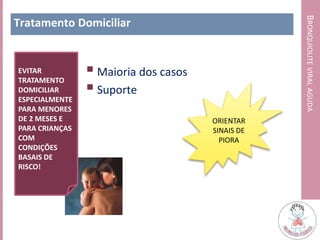 BRONQUIOLITEVIRALAGUDA
Tratamento Domiciliar
 Maioria dos casos
 Suporte
EVITAR
TRATAMENTO
DOMICILIAR
ESPECIALMENTE
PARA MENORES
DE 2 MESES E
PARA CRIANÇAS
COM
CONDIÇÕES
BASAIS DE
RISCO!
ORIENTAR
SINAIS DE
PIORA
 