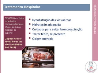 BRONQUIOLITEVIRALAGUDA
Tratamento Hospitalar
 Desobstrução das vias aéreas
 Hidratação adequada
 Cuidados para evitar broncoaspiração
 Tratar febre, se presente
 Oxigenioterapia
OXIGÊNIO é a única
terapêutica
comprovadamente
eficaz, além das
medidas de
suporte!
O2 pode não ser
necessário se sat
>90 % (Guideline
AAP, 2014)
 