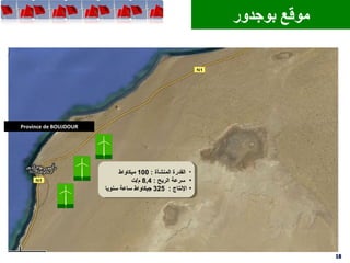 ‫بوجدور‬ ‫موقع‬
Province de BOUJDOUR
1818
•: ‫المنشأة‬ ‫القدرة‬100‫ميكاواط‬
•: ‫الريح‬ ‫سرعة‬8,4‫م/ت‬
•: ‫التنتاج‬325‫سنويا‬ ‫ساعة‬ ‫جيكاواط‬
•: ‫المنشأة‬ ‫القدرة‬100‫ميكاواط‬
•: ‫الريح‬ ‫سرعة‬8,4‫م/ت‬
•: ‫التنتاج‬325‫سنويا‬ ‫ساعة‬ ‫جيكاواط‬
 