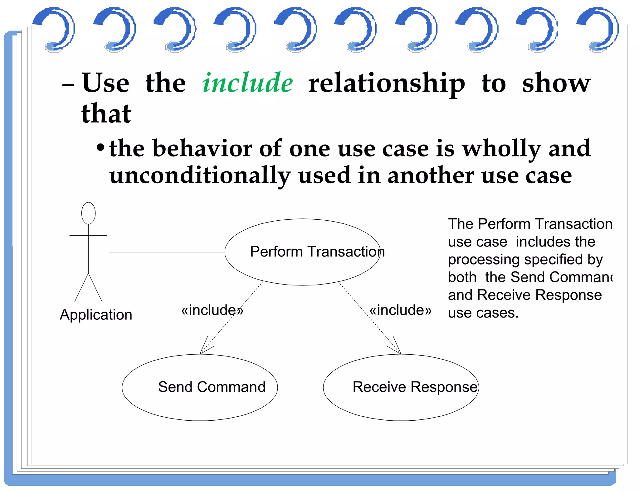 – Use the include relationship to show
that
•the behavior of one use case is wholly and
unconditionally used in another use case
Perform Transaction
The Perform Transaction
use case includes the
Perform Transaction
Send Command Receive Response
Application «include» «include»
use case includes the
processing specified by
both the Send Command
and Receive Response
use cases.
 